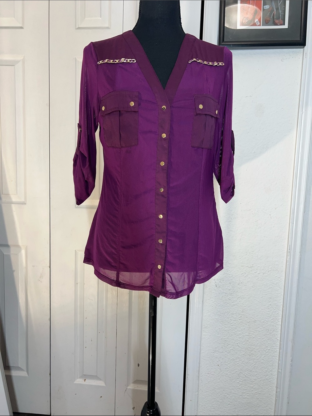 bebe Purple Roll-Tab Button-Down Blouse with Chain Trim